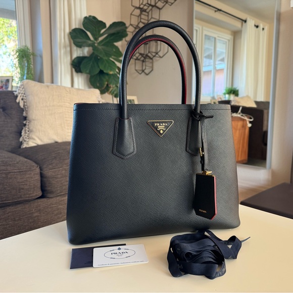 Prada Cuir Double Tote Saffiano Leather Small Black Bag Purse Red Interior - Picture 5 of 16